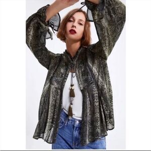Zara EUC Sheer Snake Print Open Front Blouse With Drawstrings Size S Small